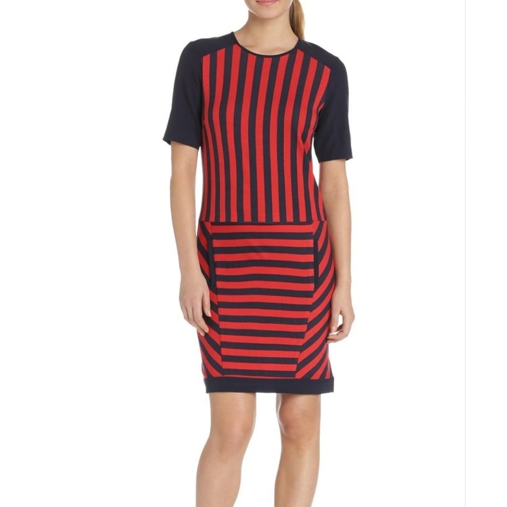 Gabby Skye Striped Shirt Dress, Red Navy